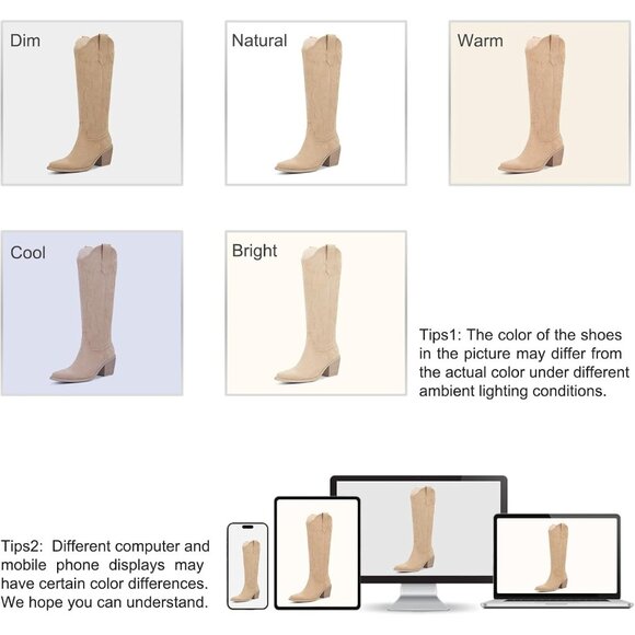 Women's Tan Knee High Cowgirl Tall Boots with Side Zipper Snip Toe Comfortable - Picture 6 of 6